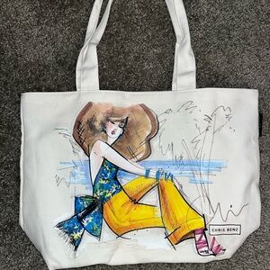Chris Benz White Canvas Tote with Fashion Illustration in Yellow and Blue